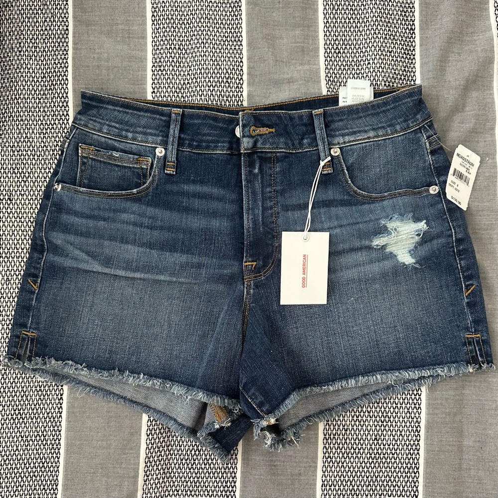 Good American Dark Blue Distressed Frayed Hem Cut-off Denim Jean Shorts